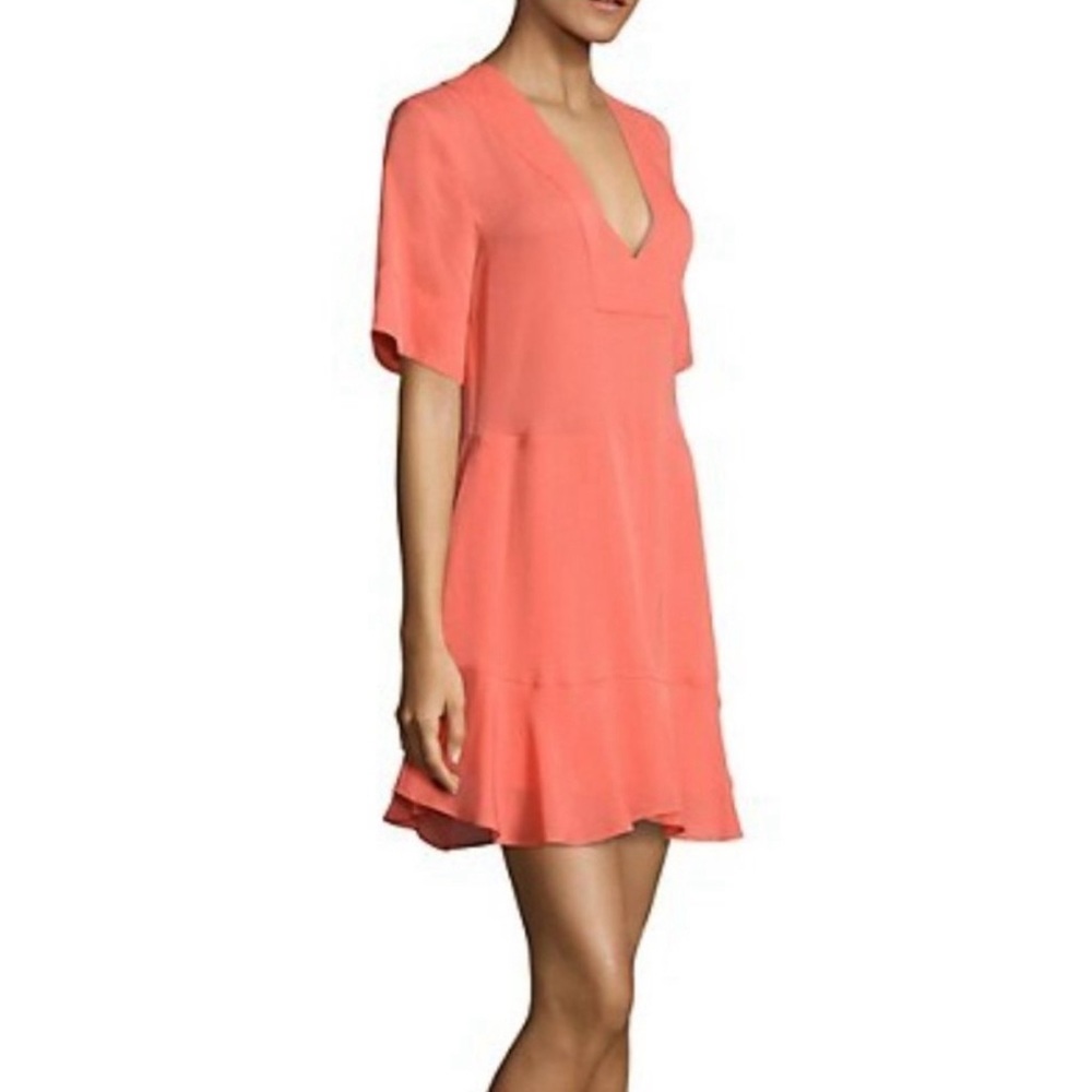 A.L.C. Delaney 100% Silk Plunge Ruffle V-Neck Mini Dress in Color Coral #2 - Picture 3 of 5